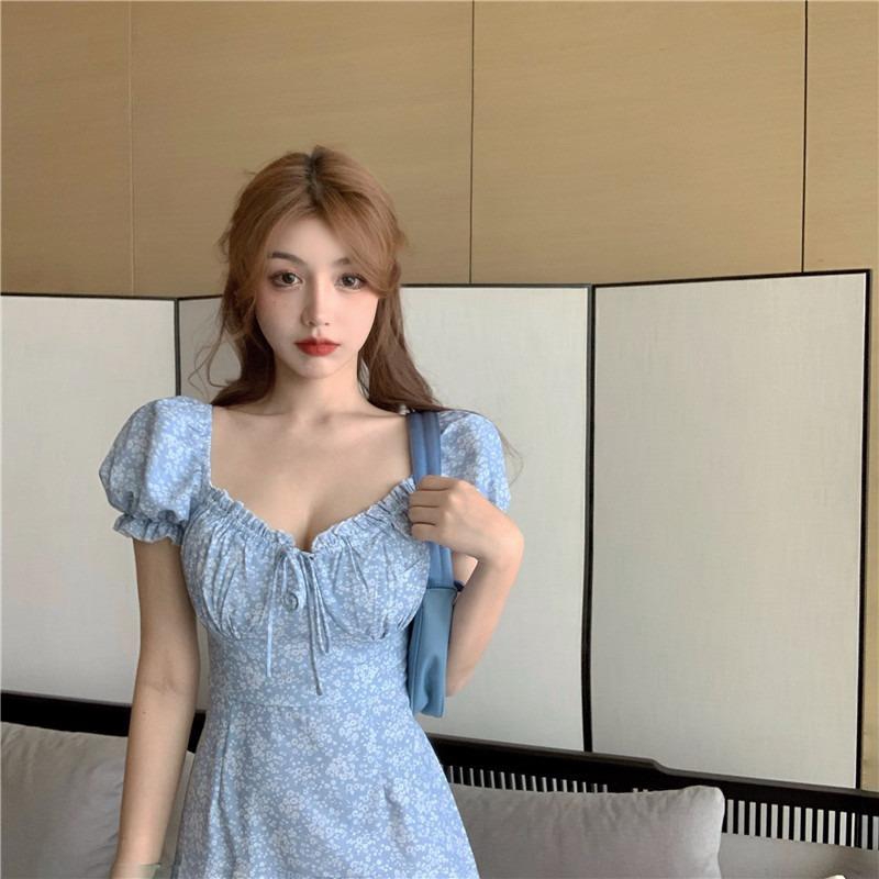 Đầm hoa tay phồng cổ vuông thời trang cho nữ