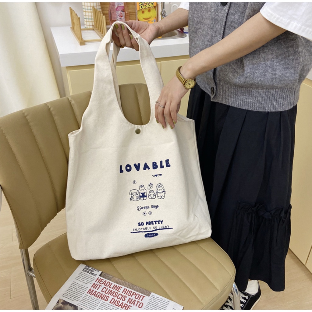 T332-333/Túi vải túi tote canvas phong cách Nhật Bản có khoá cúc bấm phom dáng to rộng đựng laptop