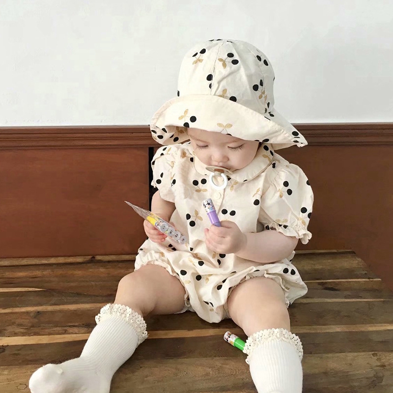 Set Đồ Mùa Hè 2 Món Gồm Áo Liền Quần In Họa Tiết Hoa Anh Đào + Mũ Tay Cộc Cho Bé Sơ Sinh
