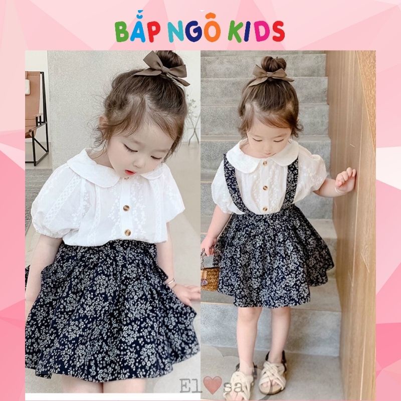 Váy bé gái,Set Váy yếm bé gái Áo trắng và Chân váy thô hoa xinh xắn cho bé 8-18kg bắp ngô boutique 2022