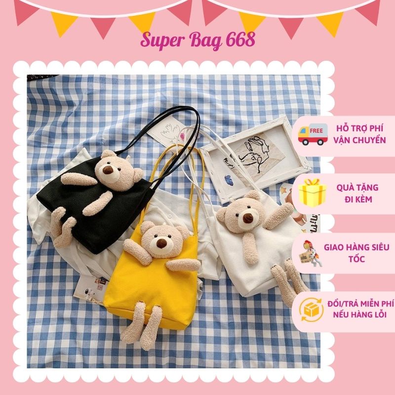 Túi Tote Vải Canvas ❤️XẢ KHO❤️Túi Nữ Đẹp Đi Học, Đi Chơi, Đeo Vai Kèm Gấu Bông Siêu Xinh Phong Cách Hàn Quốc SPB 191