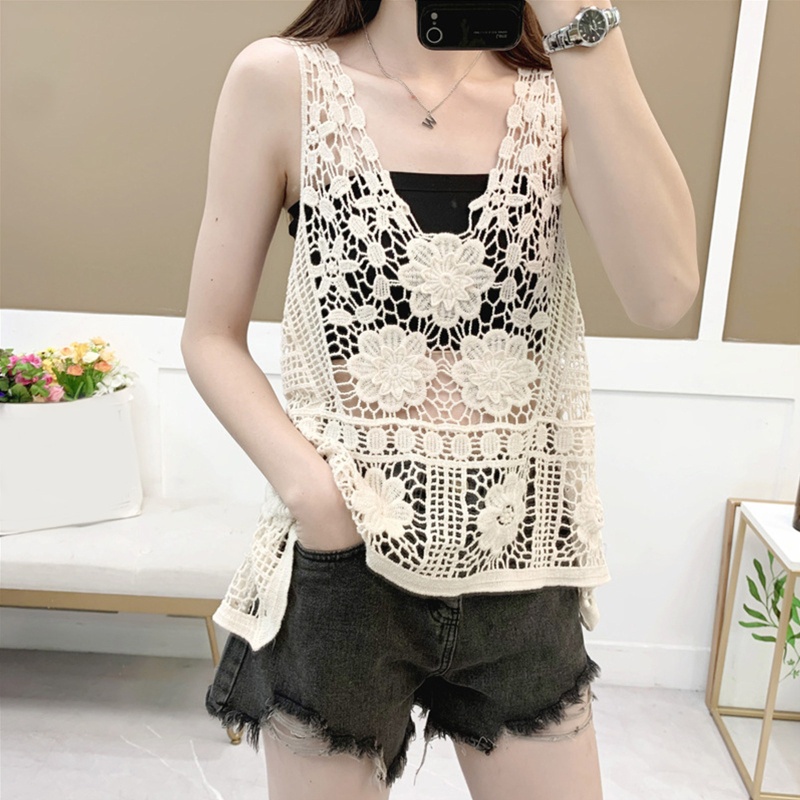 Brroa Áo Tank Top Dệt Kim Dáng Rộng Màu Trơn Phối Viền Rỗng Nhẹ Nhàng Kiểu Boho Mùa Hè Cho Nữ C