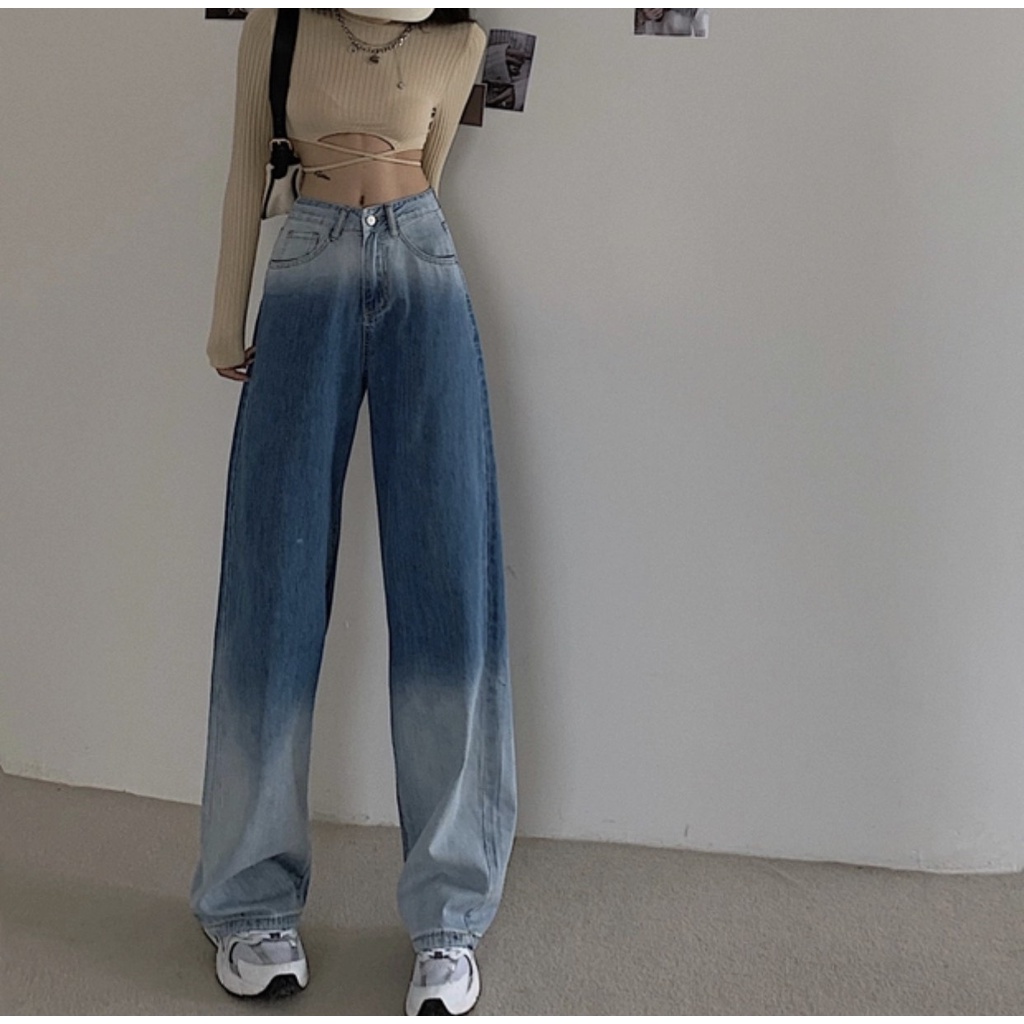 Quần Bò Loang 3 Tầng PEONYB Nữ [FREESHIP]  Jean suông ống rộng, cullotes cạp cao màu xanh cá tính Ulzzang