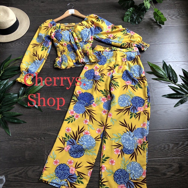 set đồ bộ lụa hoa tiểu thư áo thun dún quần ống rộng fom dưới 55 siêu hot