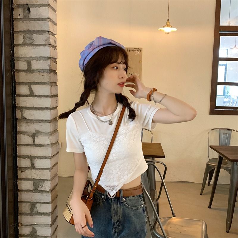 Áo thun IELGY tay ngắn cổ tròn phối lớp ngoài phong cách độc đáo dành cho nữ