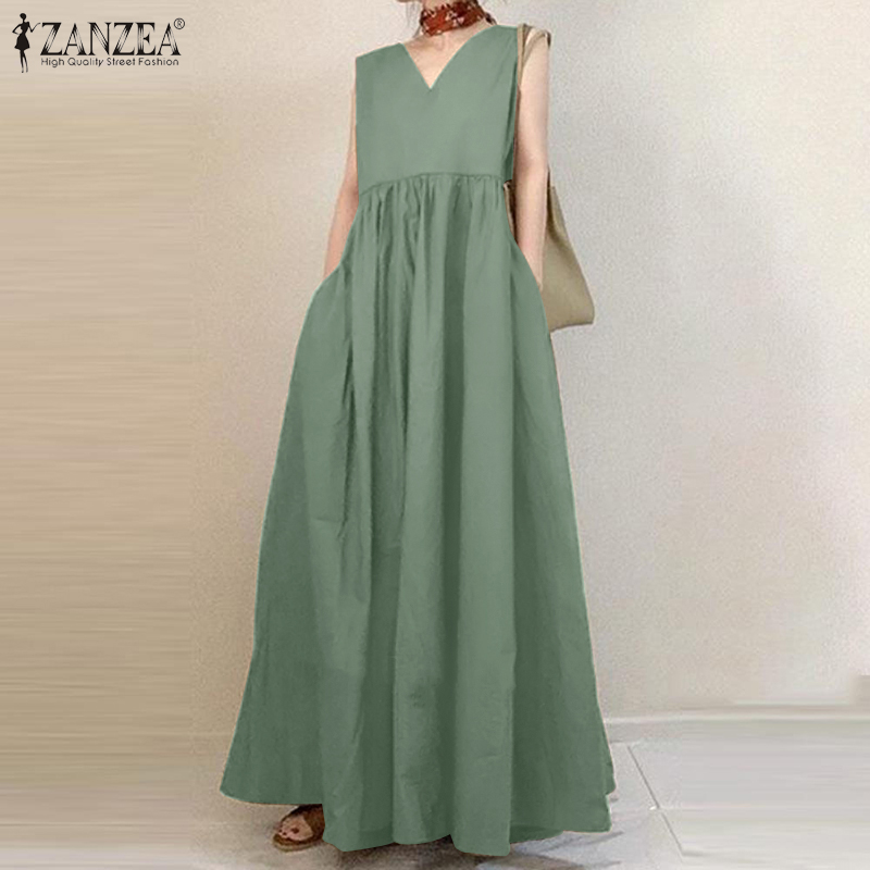 Đầm Dự Tiệc ZANZEA Dáng Dài Cổ Chữ V Không Tay Màu Trơn Cho Nữ