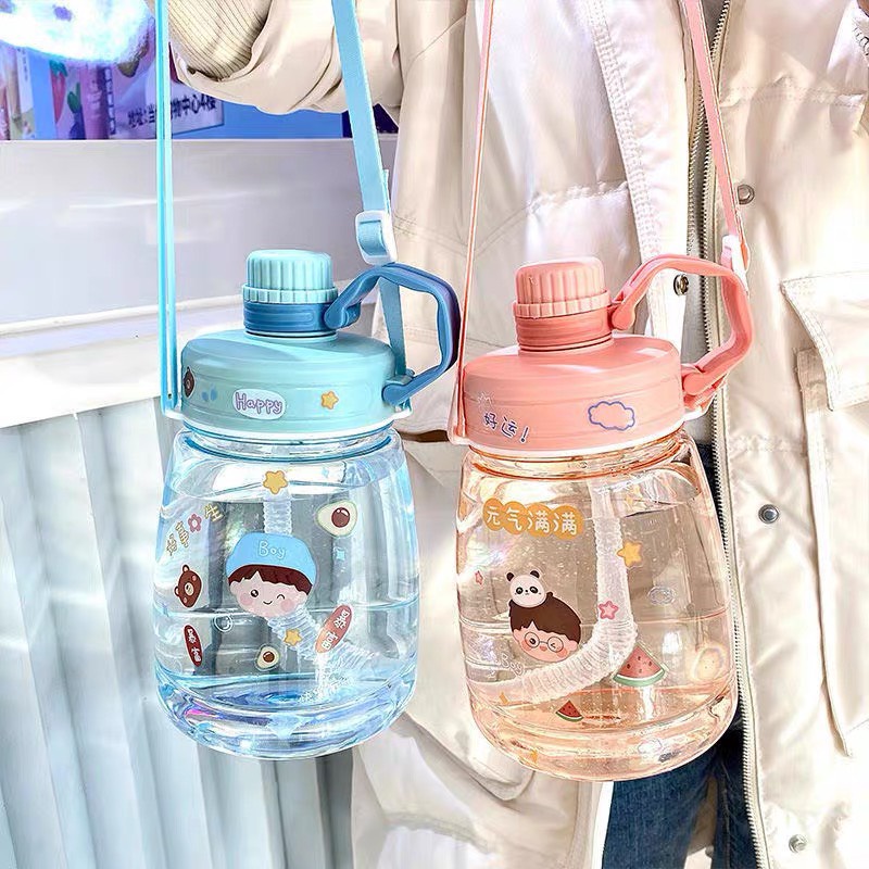 Bình Nước Cao Cấp Dung Tích 1300ml Có Ống Hút Kèm Dây Đeo - Tặng kèm sticker
