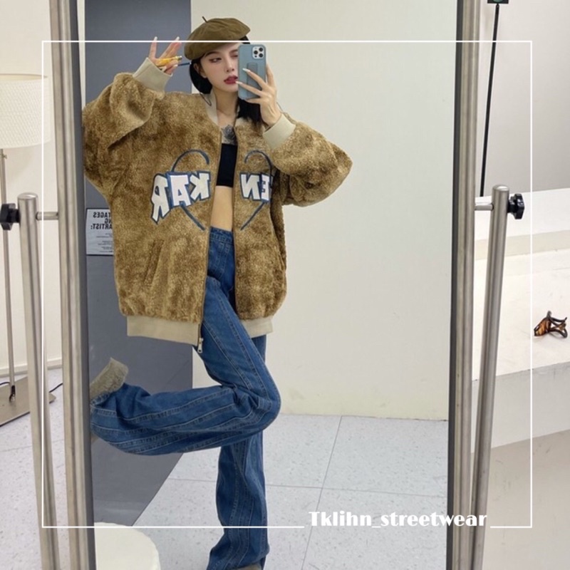 TKLIHN Áo khoác Bomber Lông Cừu ulzzang loang màu phong cách HIPHOP 2021