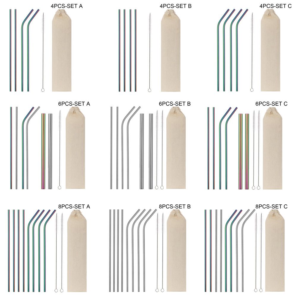 Set 4/6/8 Ống Hút Bằng Thép Không Gỉ Có Thể Tái Sử Dụng Kèm Cọ Vệ Sinh