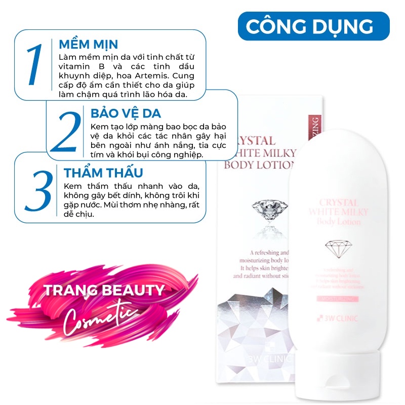 Kem dưỡng thể Body trắng da nâng tone Body Crystal White Milk Lotion 3W Clinic Hàn Quốc 150g