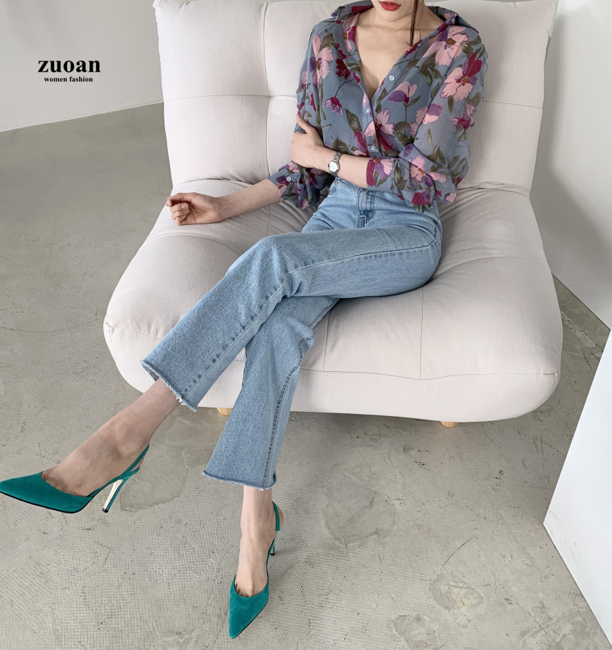 SUXI Áo sơ mi chiffon tay dai in họa tiết bông hoa thời trang thanh lịch cho nữ