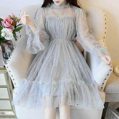 M27 - Đầm Ulzzang dự tiệc cổ tròn viền bèo nhúng dáng xòe thắt dây eo đính kim sa rất sáng
