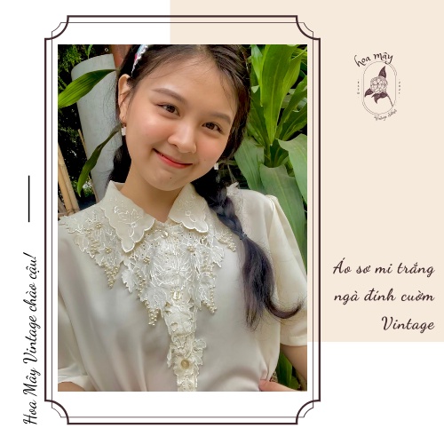Áo sơ mi trắng ngà đính cườm Hàn Vintage SECONDHAND