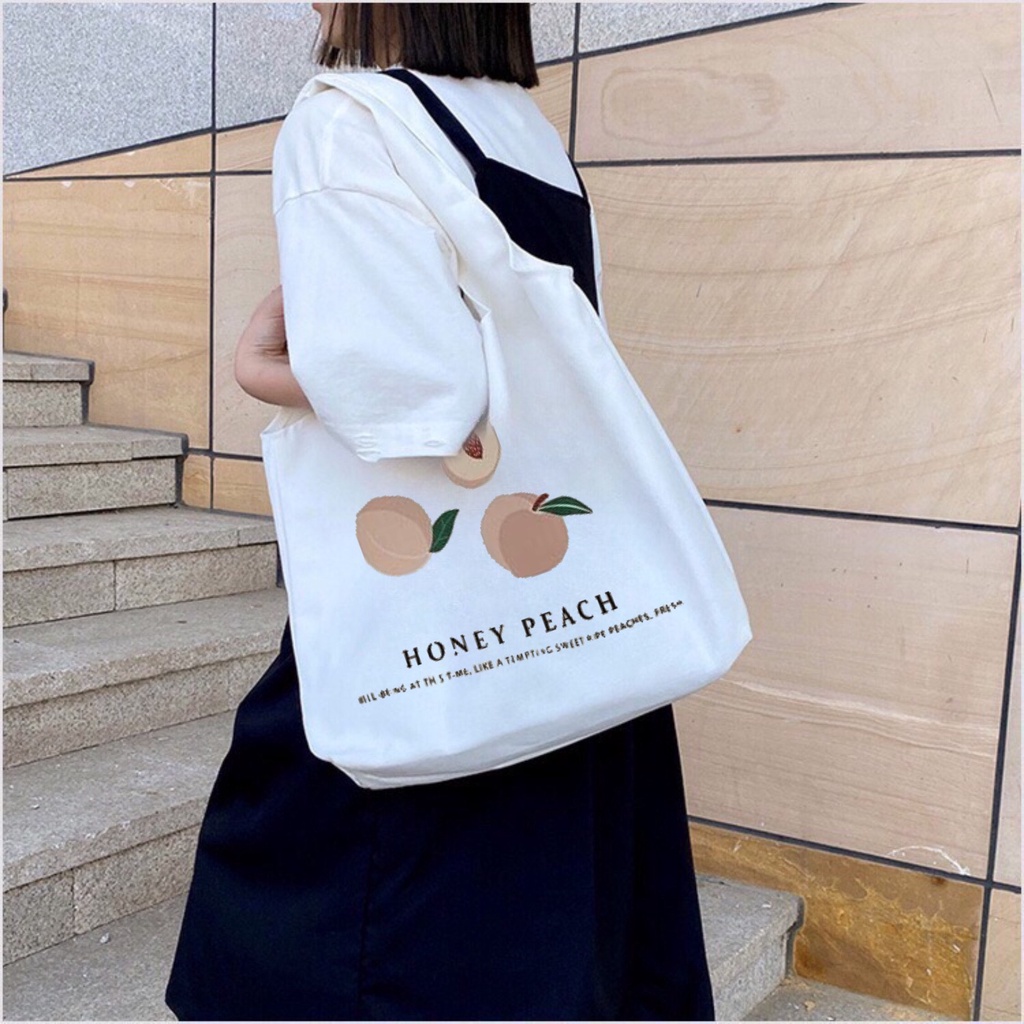 Túi tote Hazin túi vải canvas nữ hoạ tiết quả đào đựng vừa laptop cỡ lớn đeo vai phong cách ulzzang