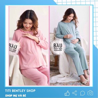 Bộ đồ bầu và sau sinh, quần áo bầu mặc nhà cotton, có khóa cho bé ti mẫu mới 2020