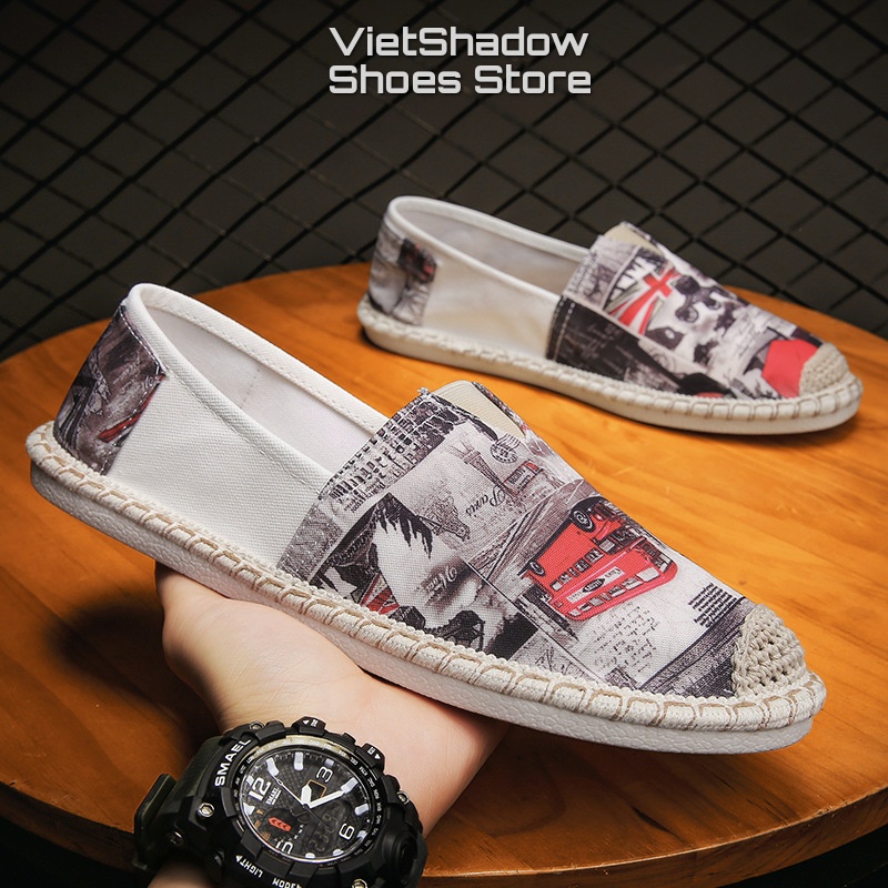 Giày lười vải nam đế cói in họa tiết - Slip on nam - Chất liệu vải bố cotton 2 màu đỏ và xám - Mã 2951