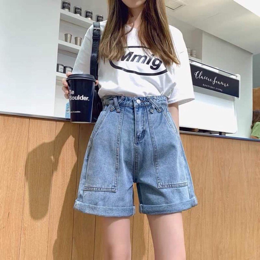 Quần short jean nữ/Quần ngố bò nữ ống rộng lưng cao thiết kế đai chéo độc đáo, chất jean mềm đẹp RÔ STORE QS22