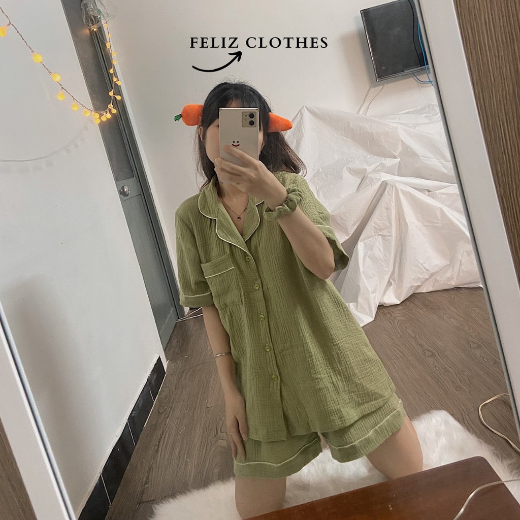 Pyjama xô muslin xanh matcha siêu dễ thương