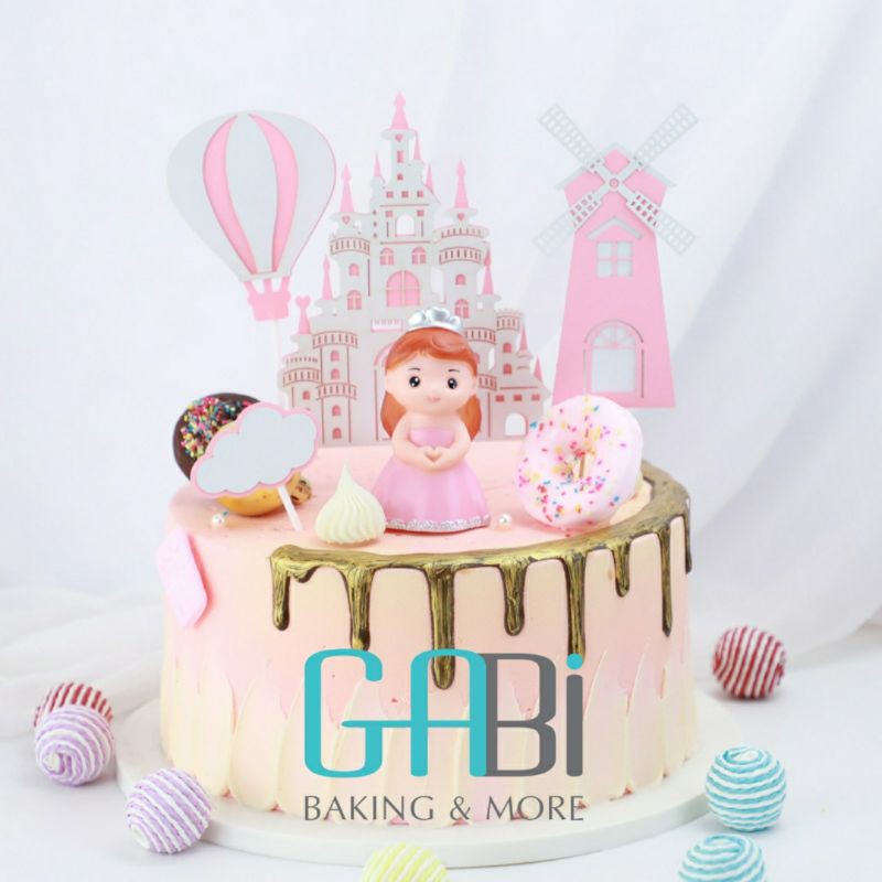 Set trang trí bánh lâu đài xanh/hồng