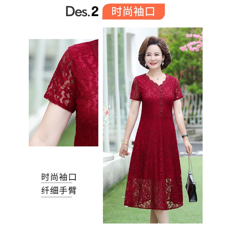 Đầm ren hai lớp tay ngắn có size lớn phong cách mùa hè thời trang cho phụ nữ trung niên