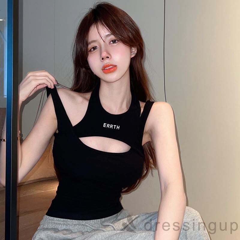 DRE-Women Camisole, Halterneck Backless Hollowed Letters Print Slim Fit Summer Tops