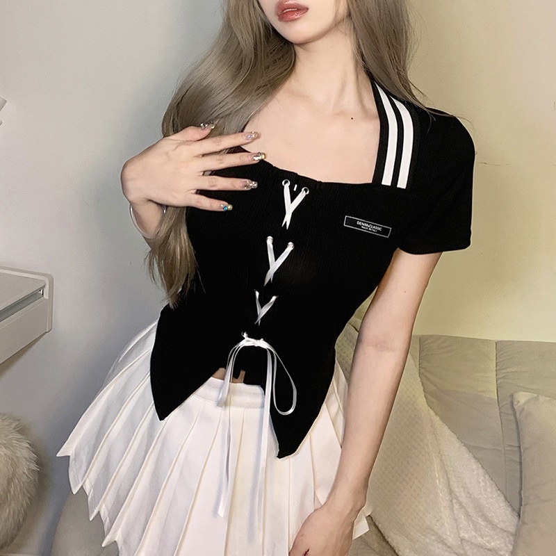 Áo Thun Ngắn Tay Cổ Vuông Thắt Dây Thời Trang Cho Nữ