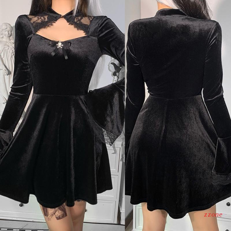 Đầm Nhung Tay Loe Dài Cổ Đứng Dáng Chữ A Phối Ren Hoa Phong Cách Gothic Harajuku Cho Nữ