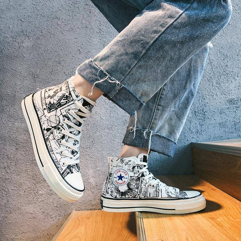 Giày Vải Học Sinh. Giày Thể Thao Canvas Cổ Cao Họa Tiết Anime One Piece 2021 Thời Trang Cho Nam
