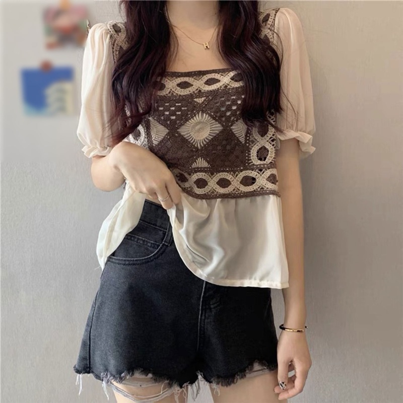 Brroa Áo Sơ Mi Chiffon Tay Phồng Dài Cổ Vuông Thêu Hoa Phong Cách Pháp Ngọt Ngào Cho Nữ