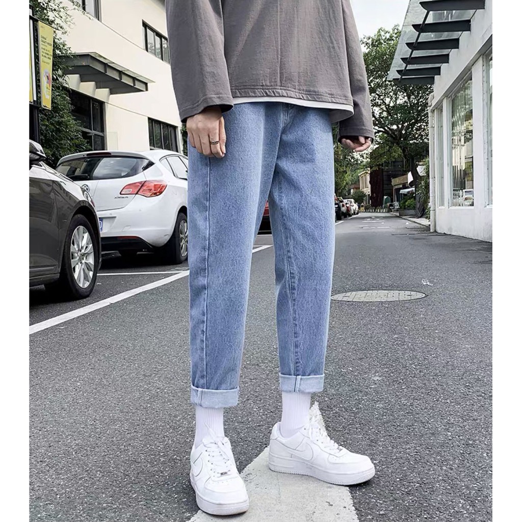 Quần jean nam baggy ống rộng 2021 - quần bò xanh trơn basic ống suông hàn quốc SR - 01