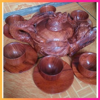 Bộ ấm chén gỗ hương đục rồng liền khối