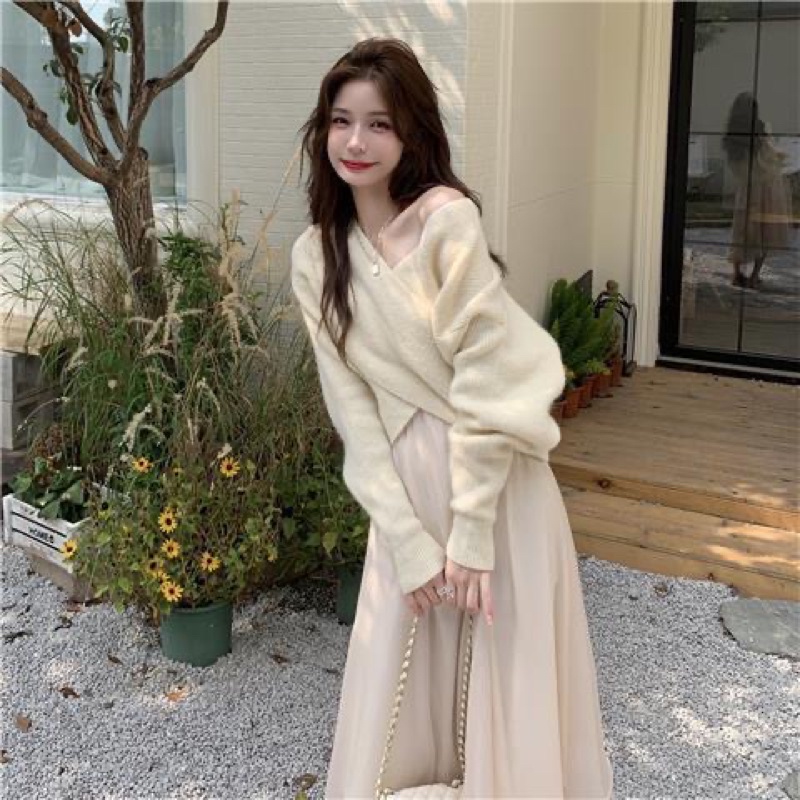 Set áo len X trễ vai + chân váy voan ulzzang điệu đà
