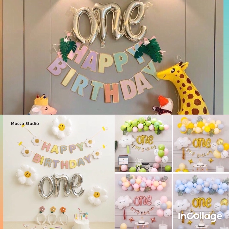 Set Bóng Đầy Tháng Thôi Nôi Bóng đầy đủ phụ kiện Sinh Nhật Tặng Bơm và keo