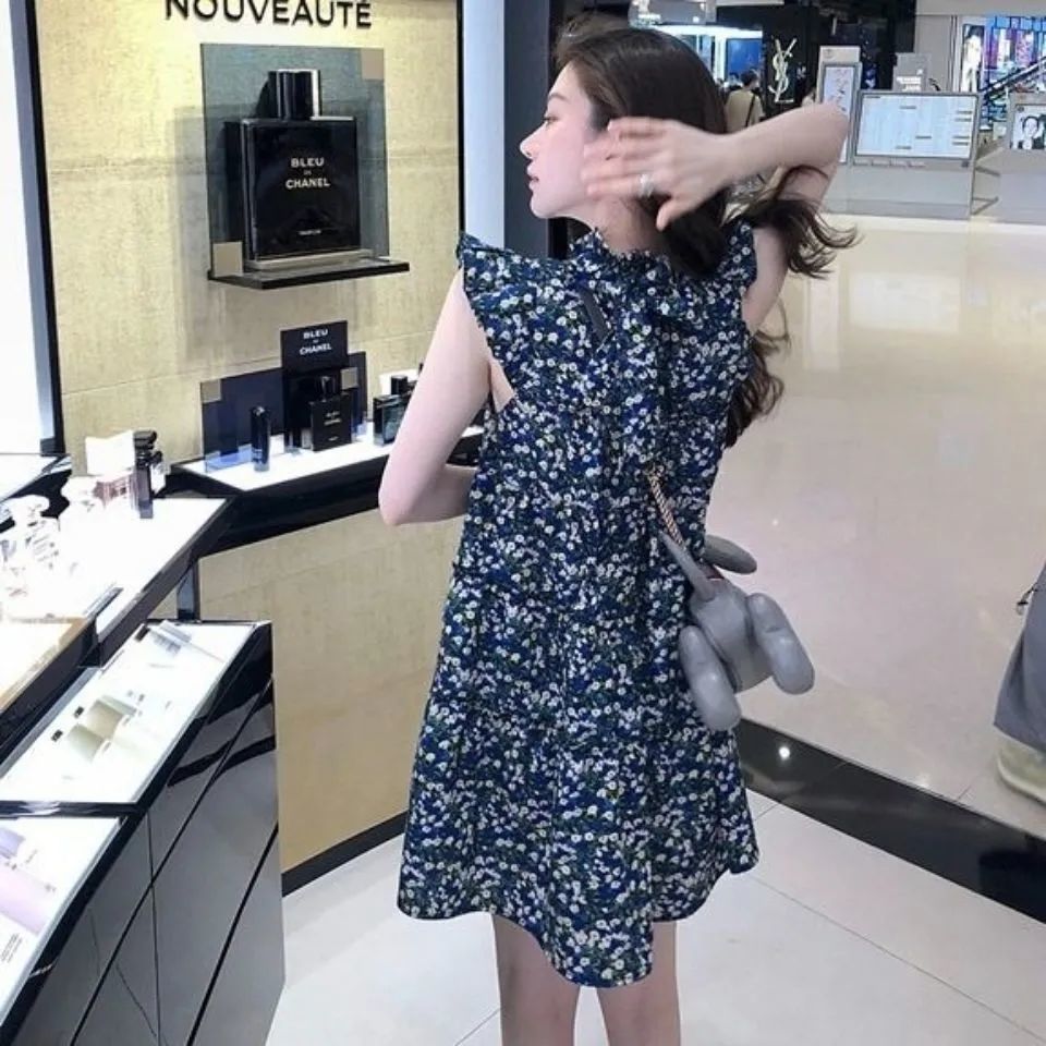Đầm Voan Không Tay In Hoa Xinh Xắn Theo Phong Cách Hàn Quốc Dành Cho Nữ
