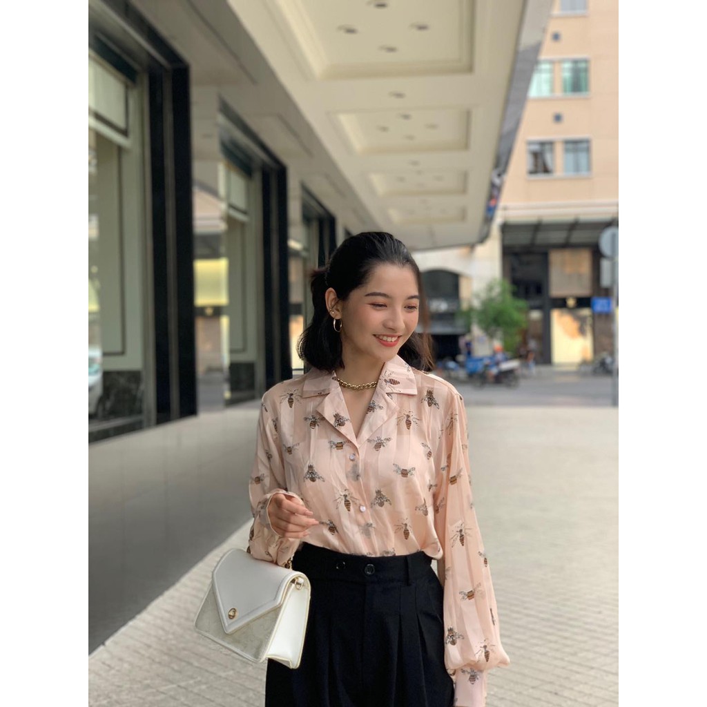 Sơ mi voan tay dài họa tiết con ong thời trang A082