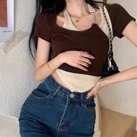 Áo Thun Giả Hai Lớp Màu Sắc Tương Phản Thời Trang Cho Nữ