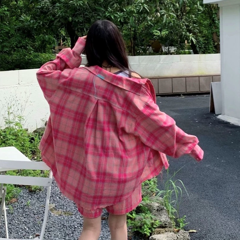 Set Áo Sơ Mi Caro + Quần Short Lưng Cao Phong Cách Retro Cho Nữ