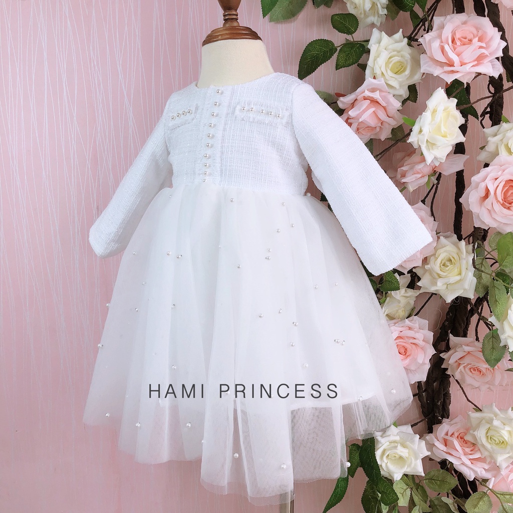 Váy Dạ Tweed Liền Thân Màu Trắng Ngọt Ngào Cho Bé Gái HAMI PRINCESS ❤️