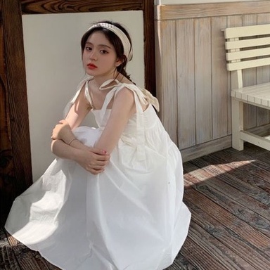 SUV003 Váy babydoll dáng dài 2 dây bản to thắt nơ xanh trắng form rộng Đầm bầu hai dây maxi 2 tầng buộc dây trơn suông