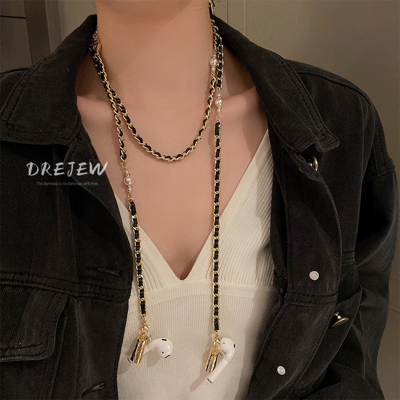 DREJEW Dây chuyền dây da đính đá ngọc trai phong cách Hàn Quốc thời trang dễ phối đồ