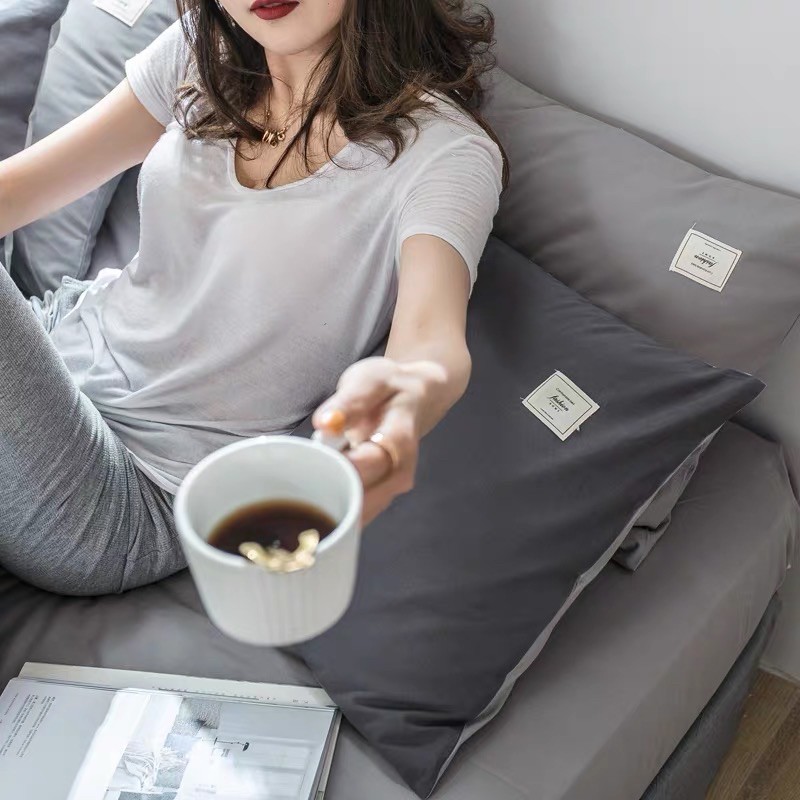 Set Chăn Ga Cotton TC Ghi Đậm Phối Ga Xám Nhạt Hàng Chuẩn Xuất Nhật