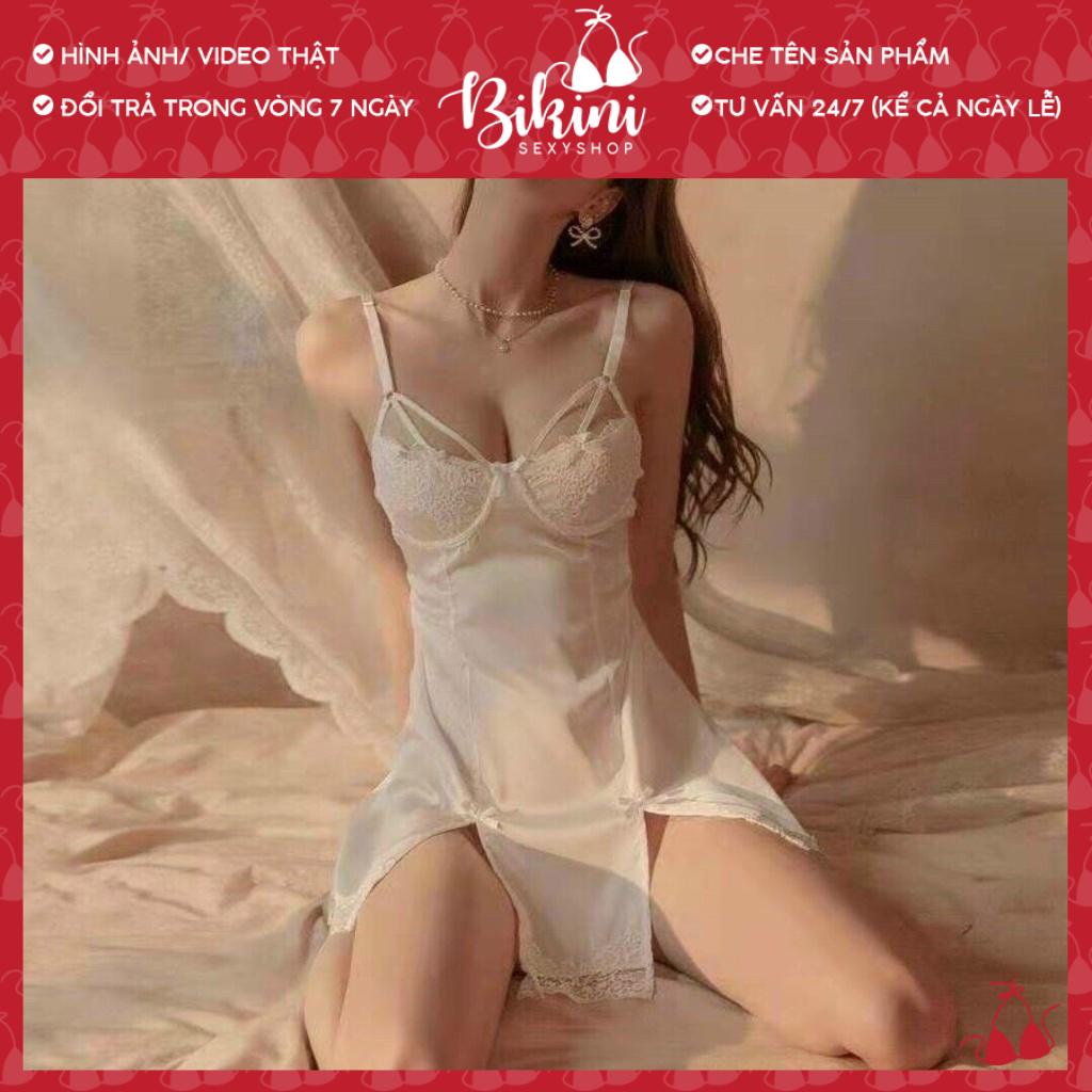 ❣️ Váy ngủ 2 dây sexy nữ xẻ đùi hở sau kèm chip lọt khe gợi cảm freesize màu đen/ trắng/ đỏ SN09