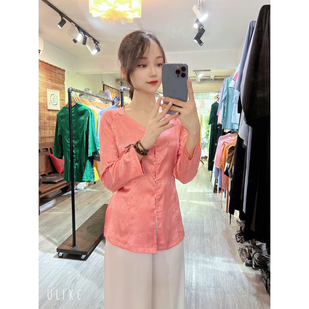Áo đi chùa đẹp, áo bà ba lụa gấm Hàn Châu # Đồ Phật tử lụa cao cấp # bà ba vân gấm hoa sen cúc ngọc xinh AB12 Hồng phấn