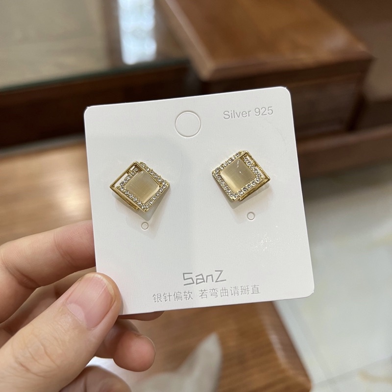 Hoa tai bạc s925 hình vuông đan đính đá nhỏ gọn không gây dị ứng da thời trang Hàn Quốc Lémi ccessories