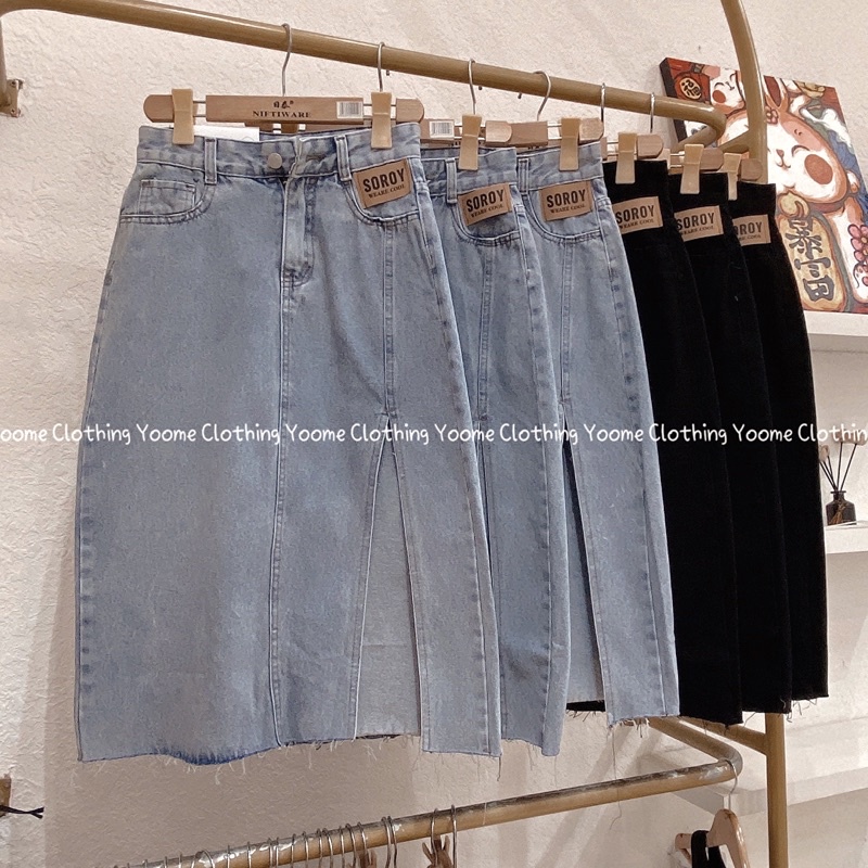 Chân váy bò dài xẻ đùi, chân váy jean dài xẻ QCCC chất bò dày dặn size S M L cho nữ Yoome clothing