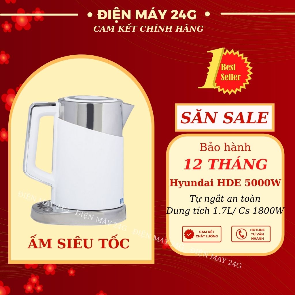 Ấm siêu tốc Hyundai HDE 5000W bình đun nước 1.7L khả năng chịu nhiệt cao nấu nước chín nhanh khóa trẻ em đảm bảo an toàn