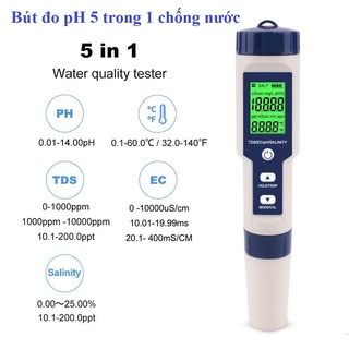 Bút đo độ mặn của nước 5 trong 1 pH/TDS/EC/độ mặn/nhiệt độ kèm 3 gói pH chuẩn