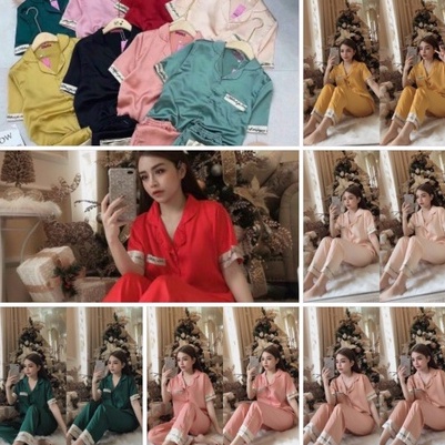 Bộ Pyama lụa mặc nhà họa tiết chữ ký