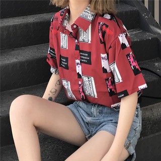 Áo sơ mi ngắn tay in chữ phong cách retro