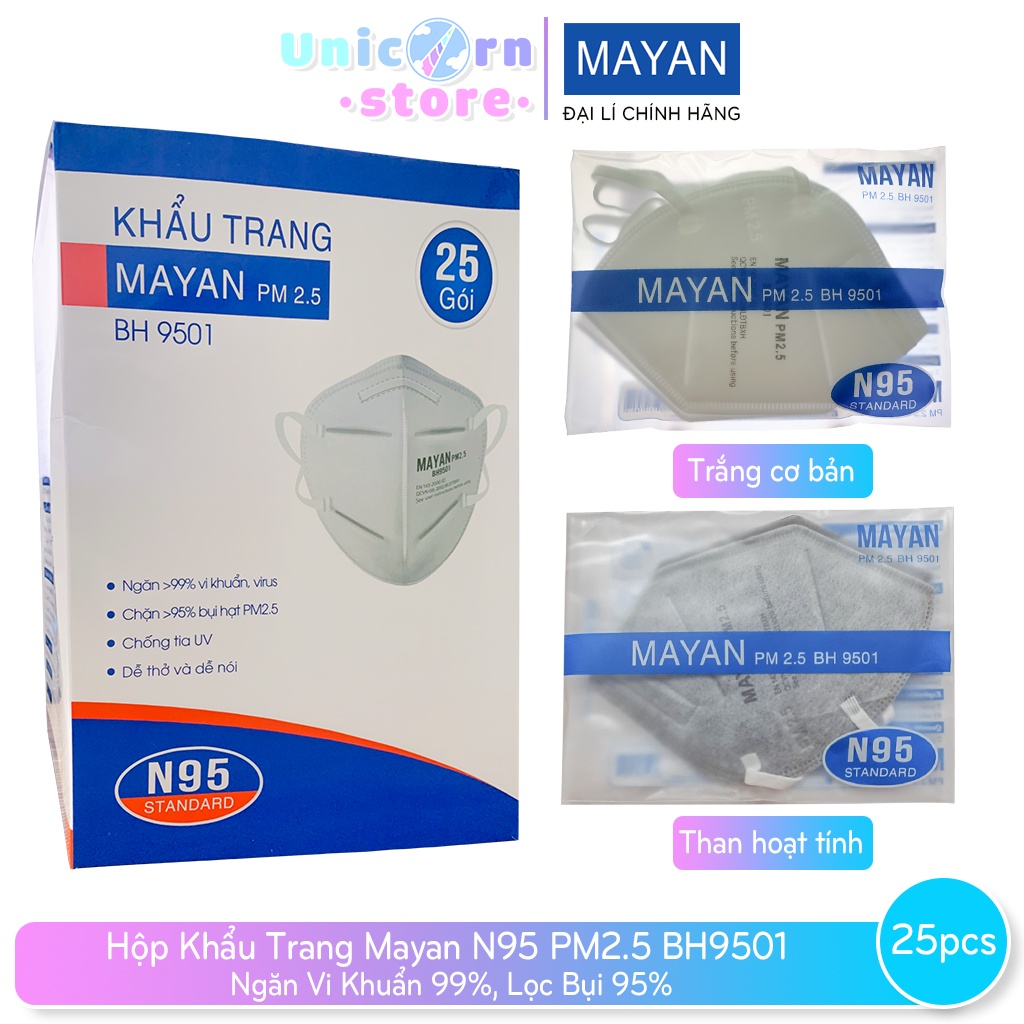 Khẩu Trang Mayan PM2.5 BH9501 Ngăn Vi Khuẩn 99%, Lọc Bụi 95% Hộp 25 Gói